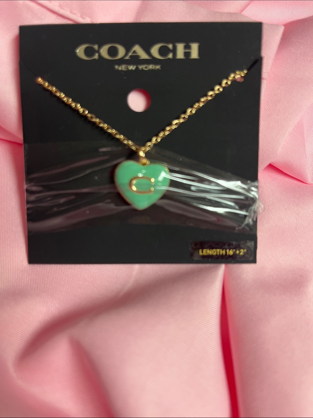 COACH Gold Chain Necklace with Mint Green Heart Pendant